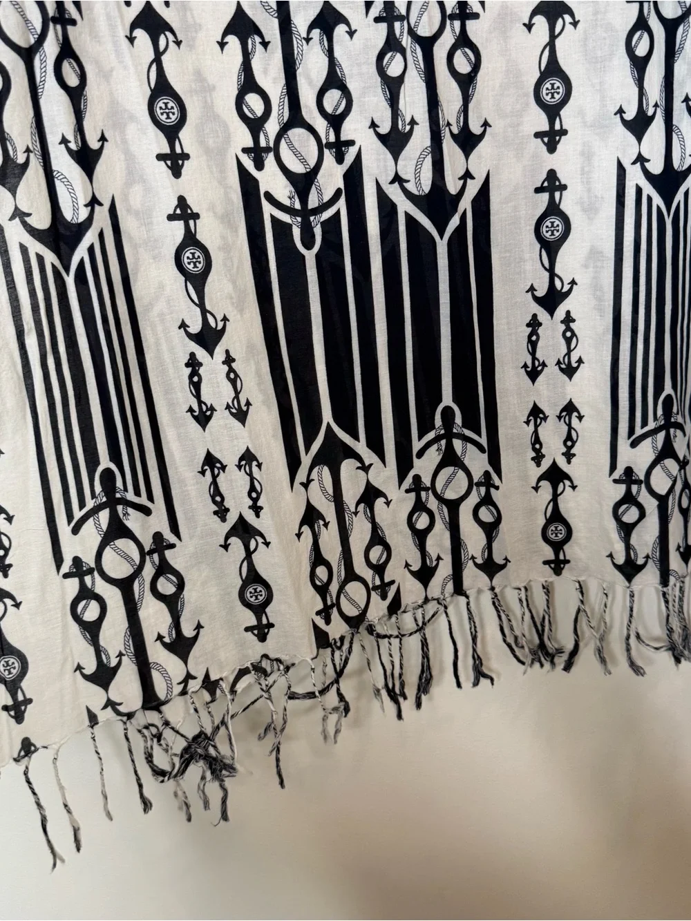 Tory Burch seafaring scarf white and navy nautical anchor pattern fringed edges